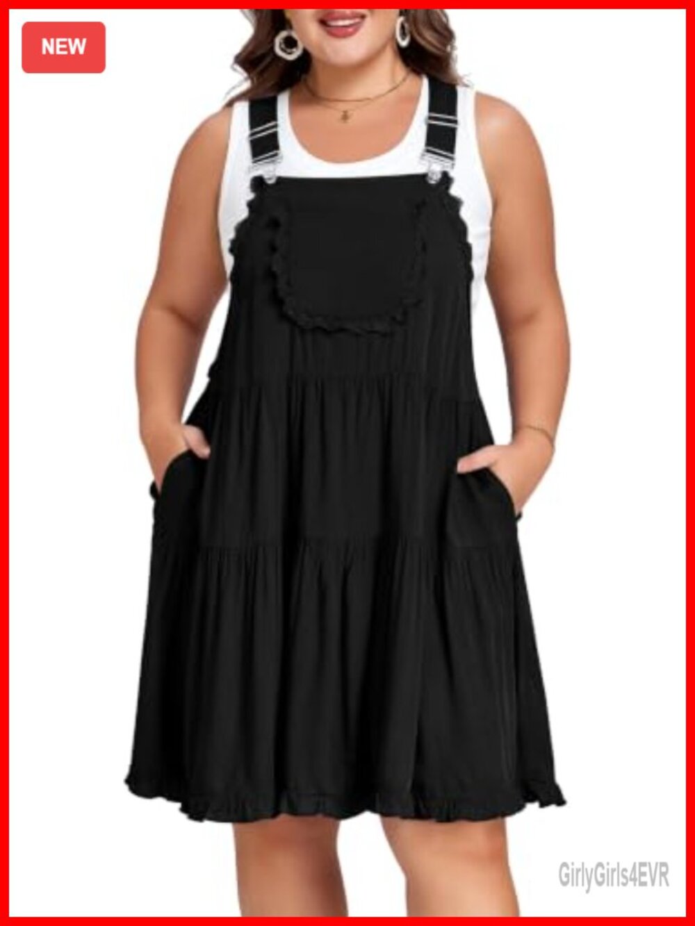 Plus Size Overall Dress Adjustable Straps Lace Trim Jumper Pockets